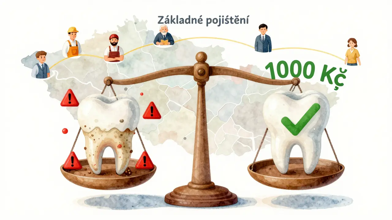 Váha s porovnáním zdravého a nemocného zubu s příspěvkem 1000 Kč od pojišťovny.