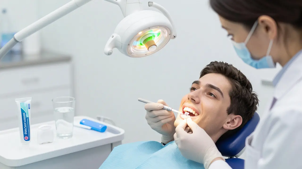 Zubní lékař aplikuje sealant na zubní čepeľ pod LED diagnostickým světlem.