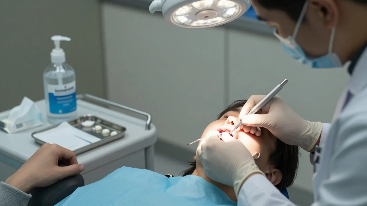 Zubní lékař čistí infikovanou jamku po vytržení zubu ve zdravotnickém prostředí.