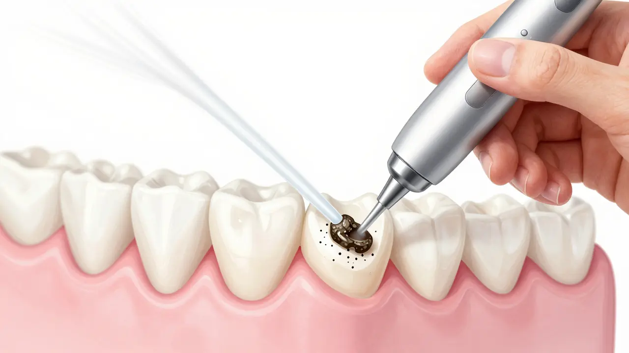 Zubní lékař odstraňuje kámen pod dásní ultrazvukovým skrabačem