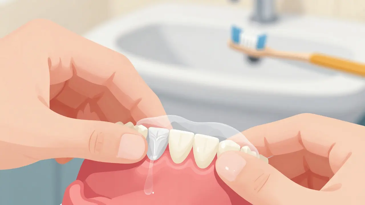 Zubní náhrada se jemně odlepí od dásní pomocí prstů, v teplé vodě.