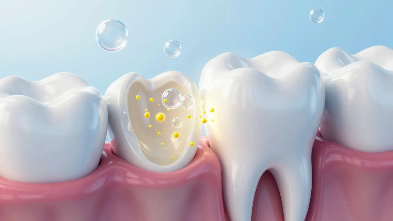 3D ilustrace procesu bělení zuba během chemické reakce.