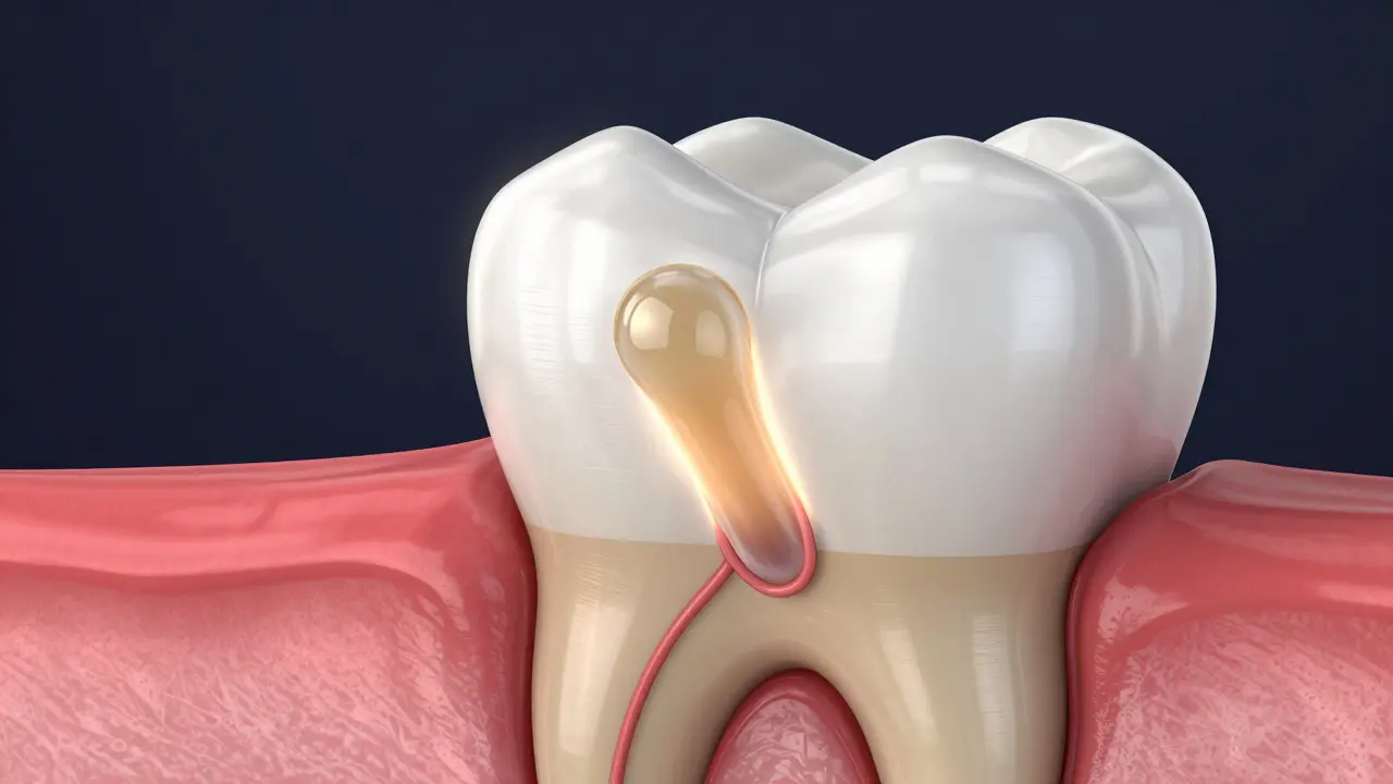 3D ilustrace průřezu zubem s aplikovanou devitalizační pastou v kanálcích.