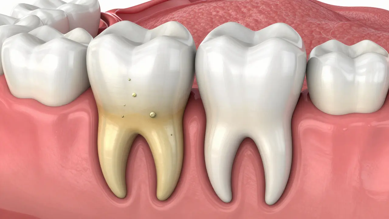 3D ilustrace rozdílu mezi zánětem dásní a vyčištěným kořenem zubu.