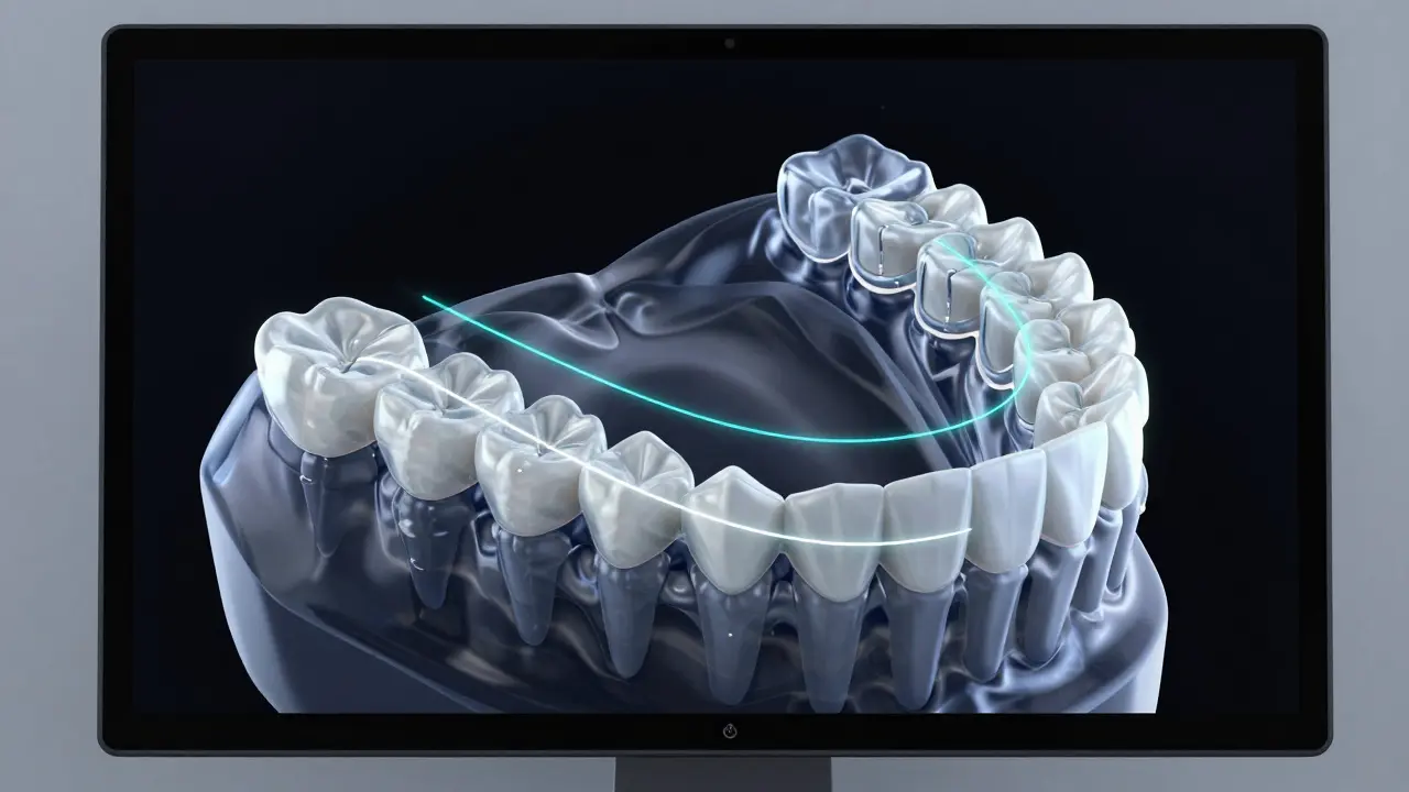 3D model čelistí na monitoru znázorňující plánovaný posun zubů.