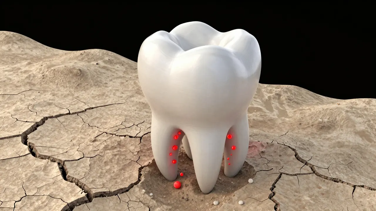 3D model moláru v suchém prostředí znázornující nedostatek slin.