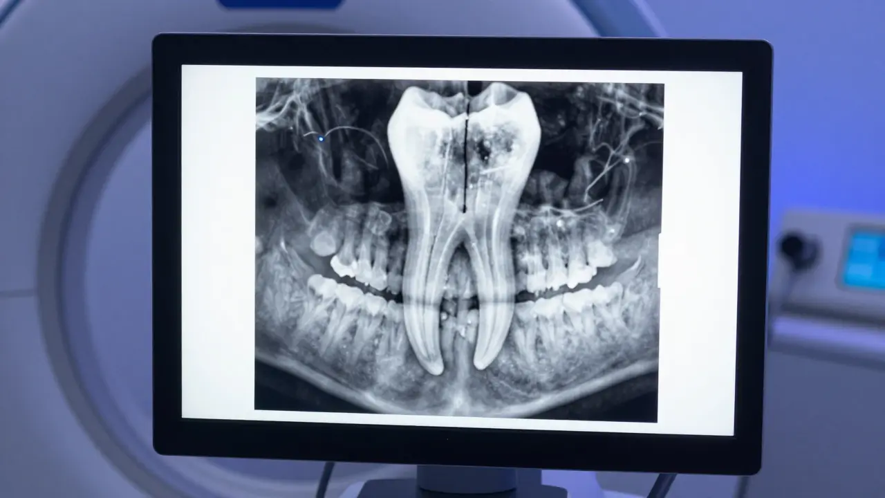 3D rentgenový snímek CBCT znázorňující prasklý kořen zubu na monitoru