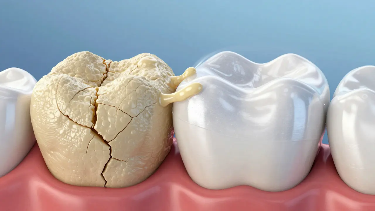 3D vizualizace hladké skloviny chráněné před nalepáním zubního plaku.