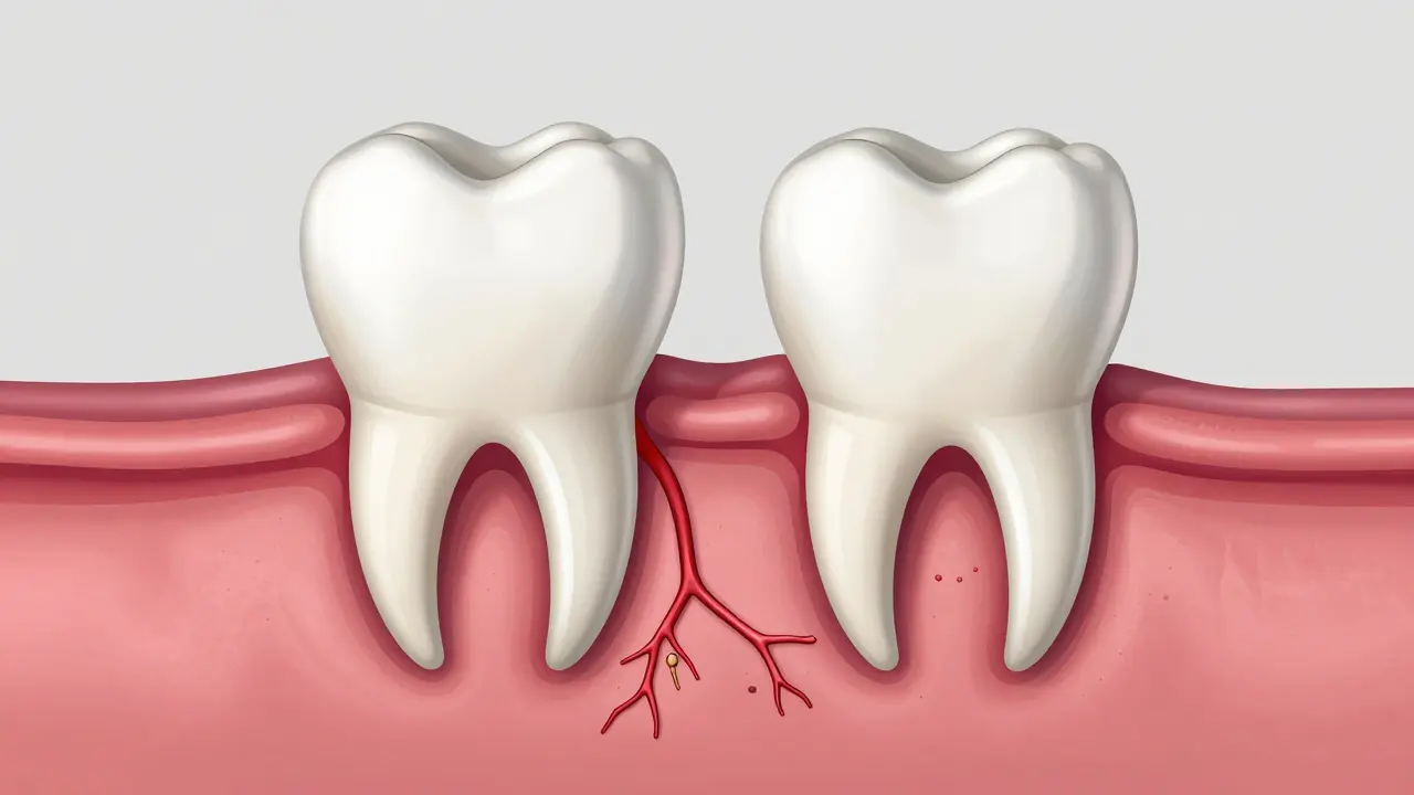Anatomický detail zánětlivých dásní a parodontálních kapes u hypertenze.