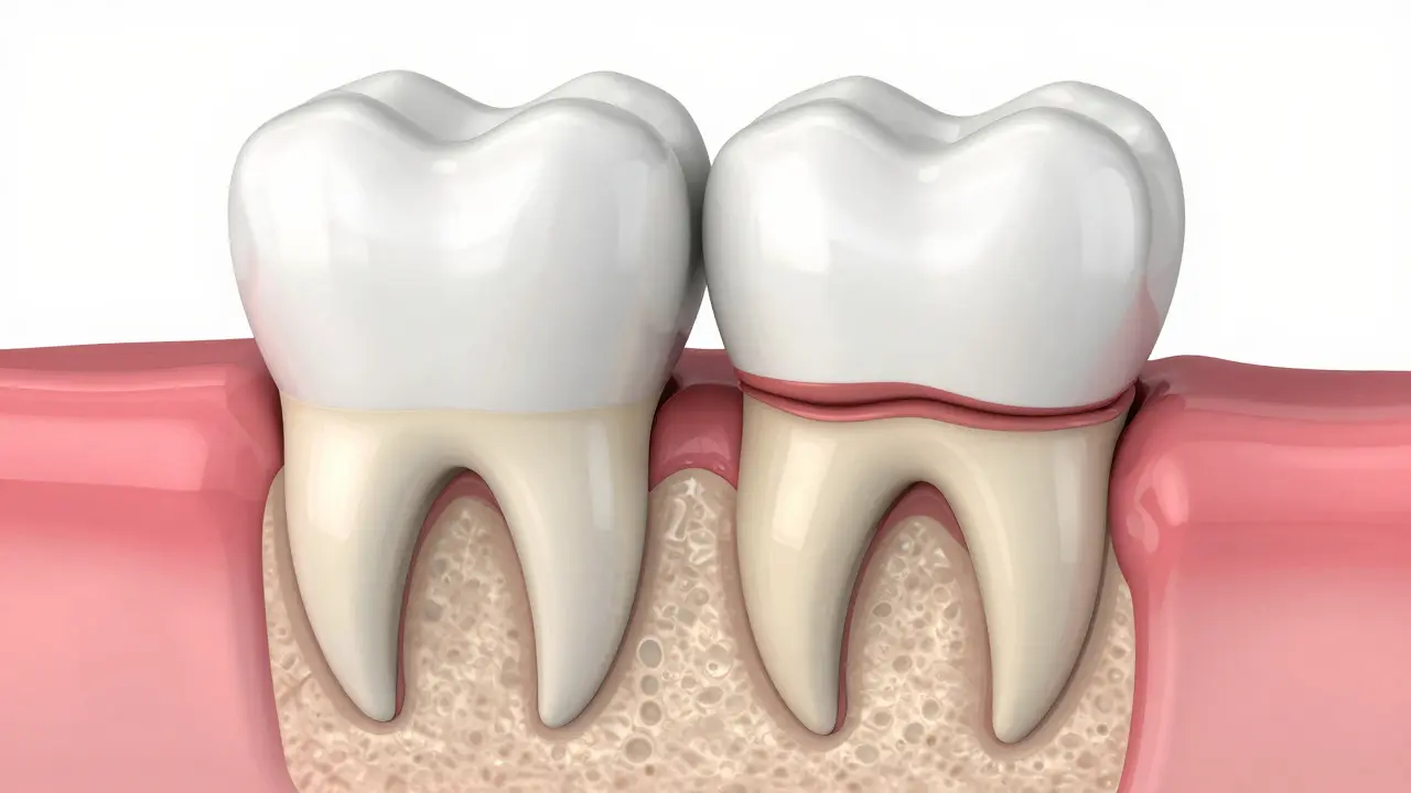 Anatomický detail zubu a dásní s ukázkou vlivu parodontózy.