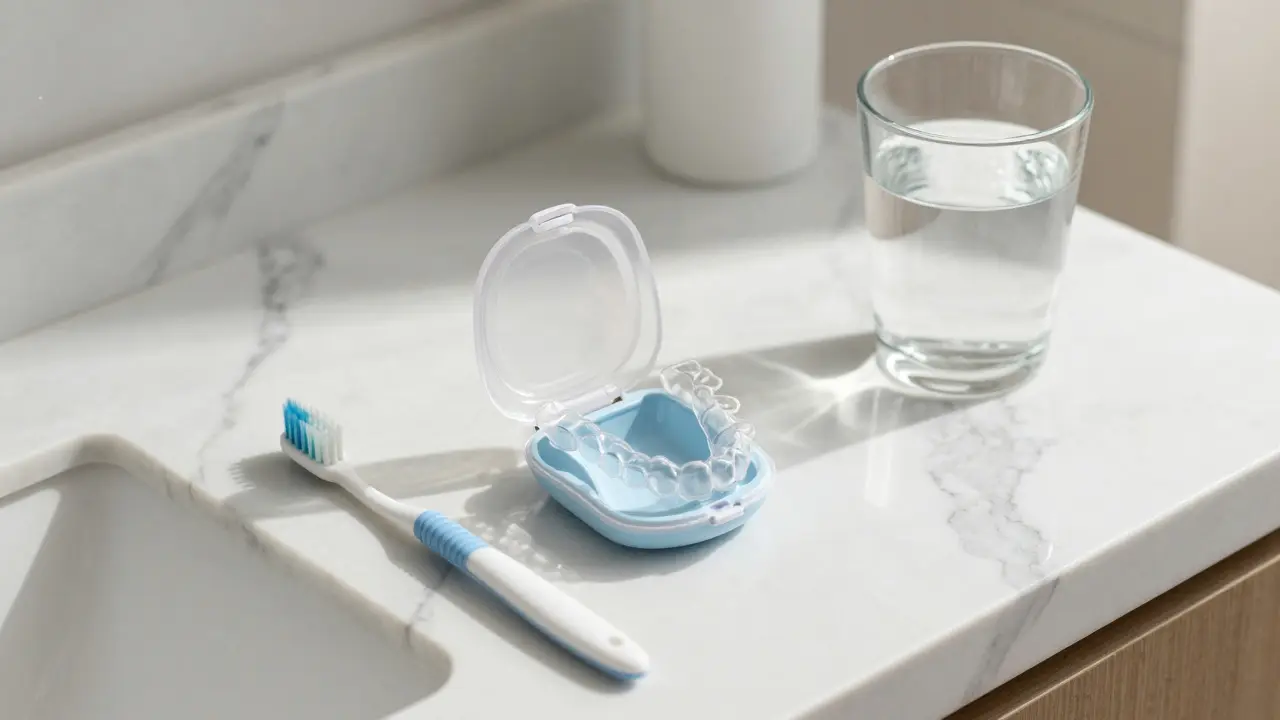 Čistící pomůcky a ochranné pouzdro na neviditelnou rovnátku na koupelnovém stole.