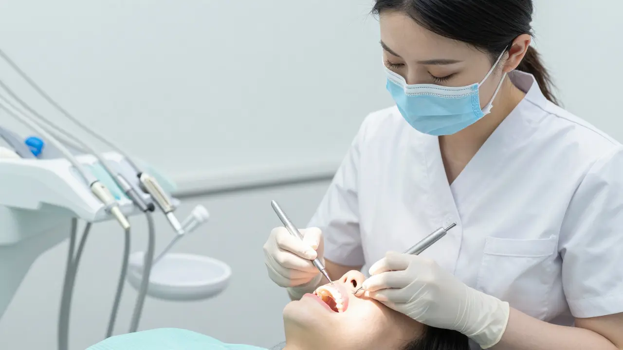 Dentální hygienistka provádějící profesionální čištění zubů v klinice.