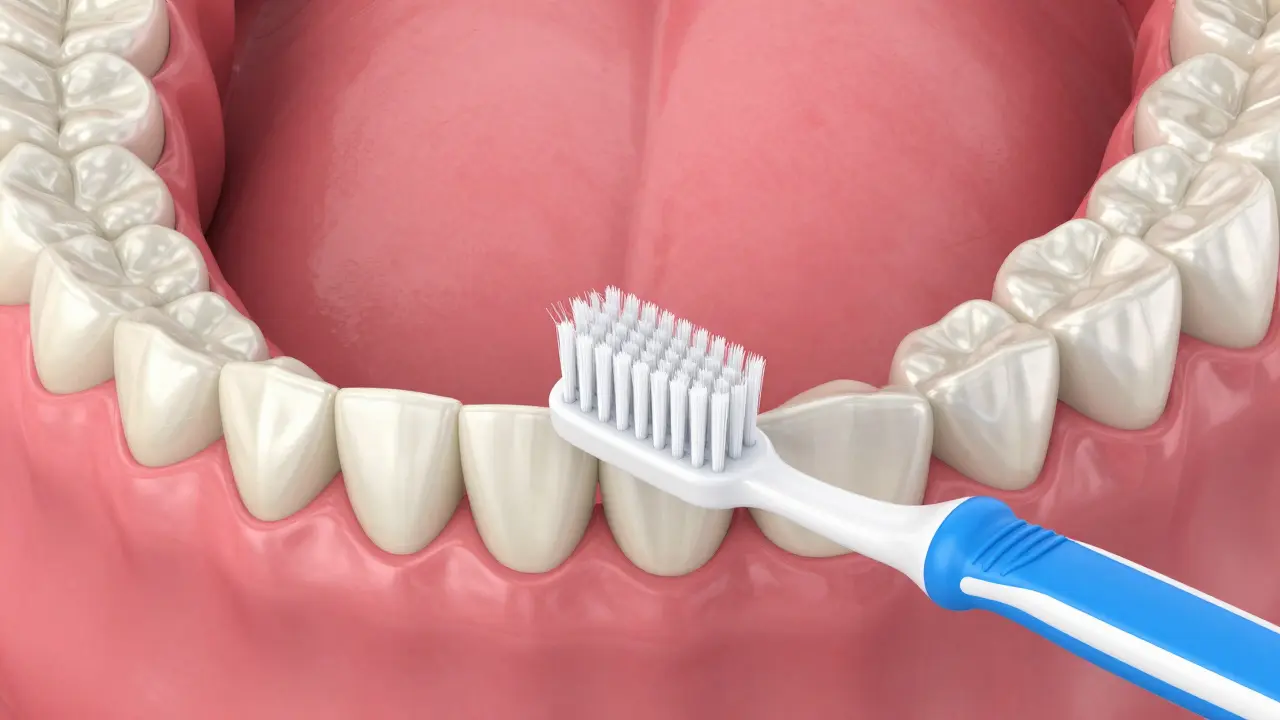 Detailní ilustrace čištění dásní a rovnatek pomocí jednosvazkového kartáčku.