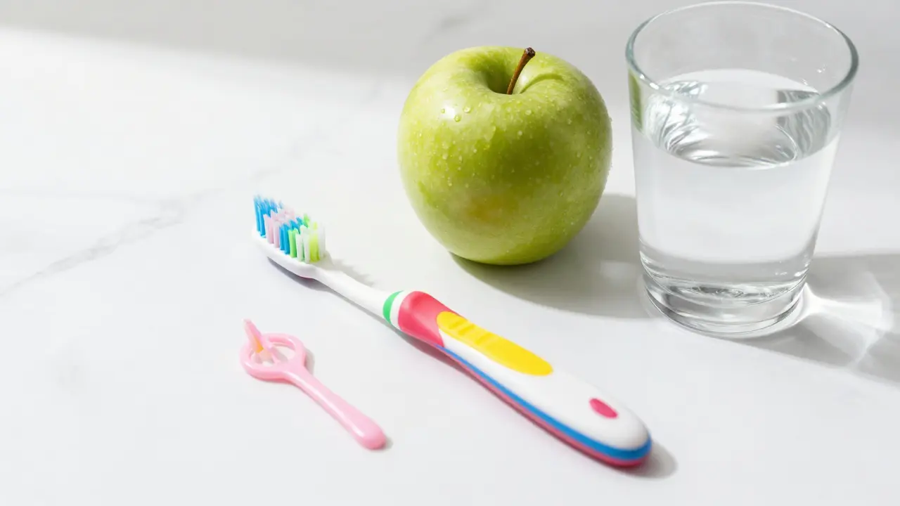 Dětský kartáček, mezizubní kartáček a jablko jako symbol prevence.