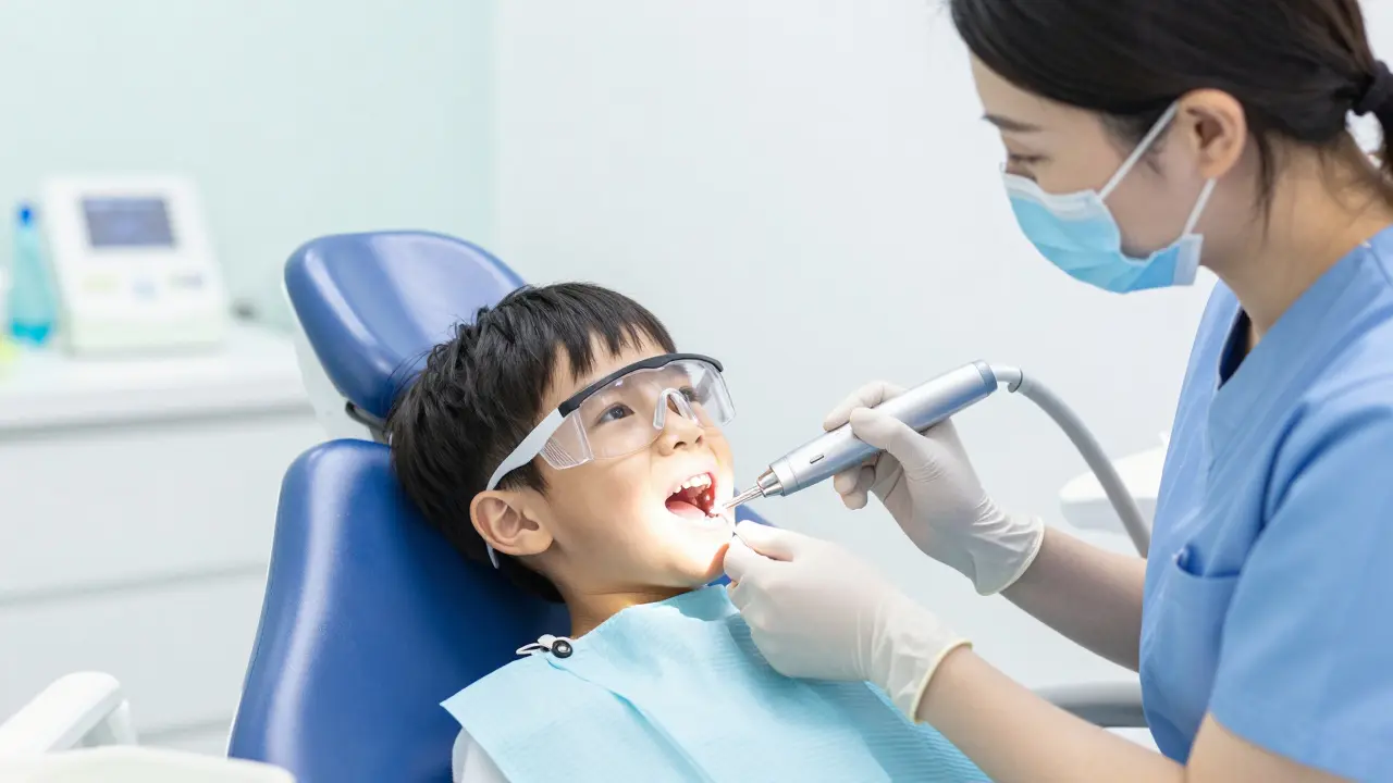 Dítě při profesionální hygieně u dětského zubaře.