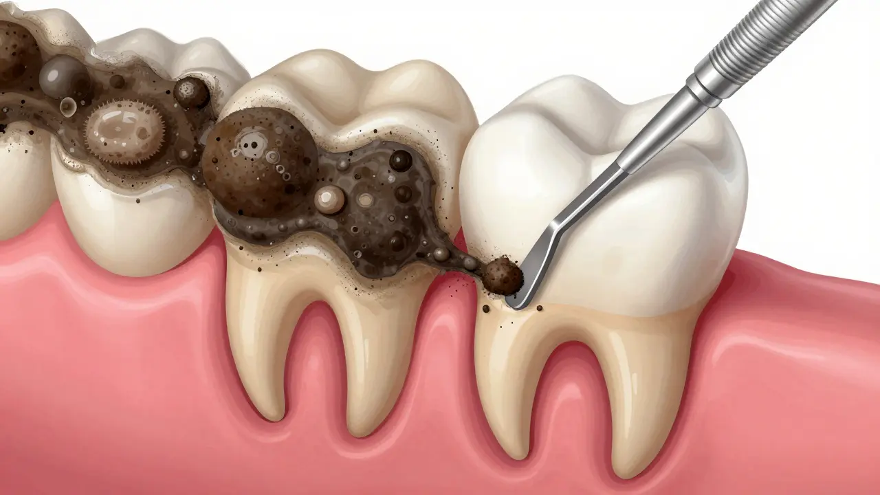 Ilustrace procesu kyretáže při odstraňování zubního kamene z kapsy.