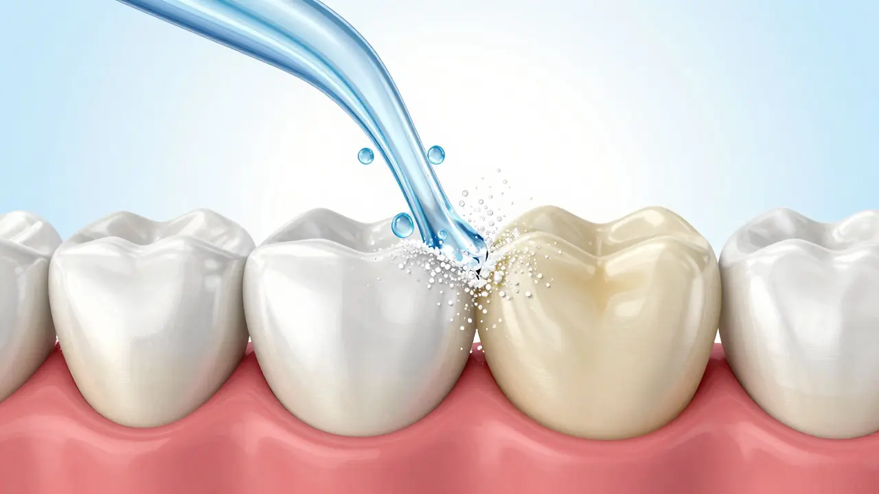 Koncepční znázornění procesu Air Flow odstraňujícího biofilm mezi zuby.