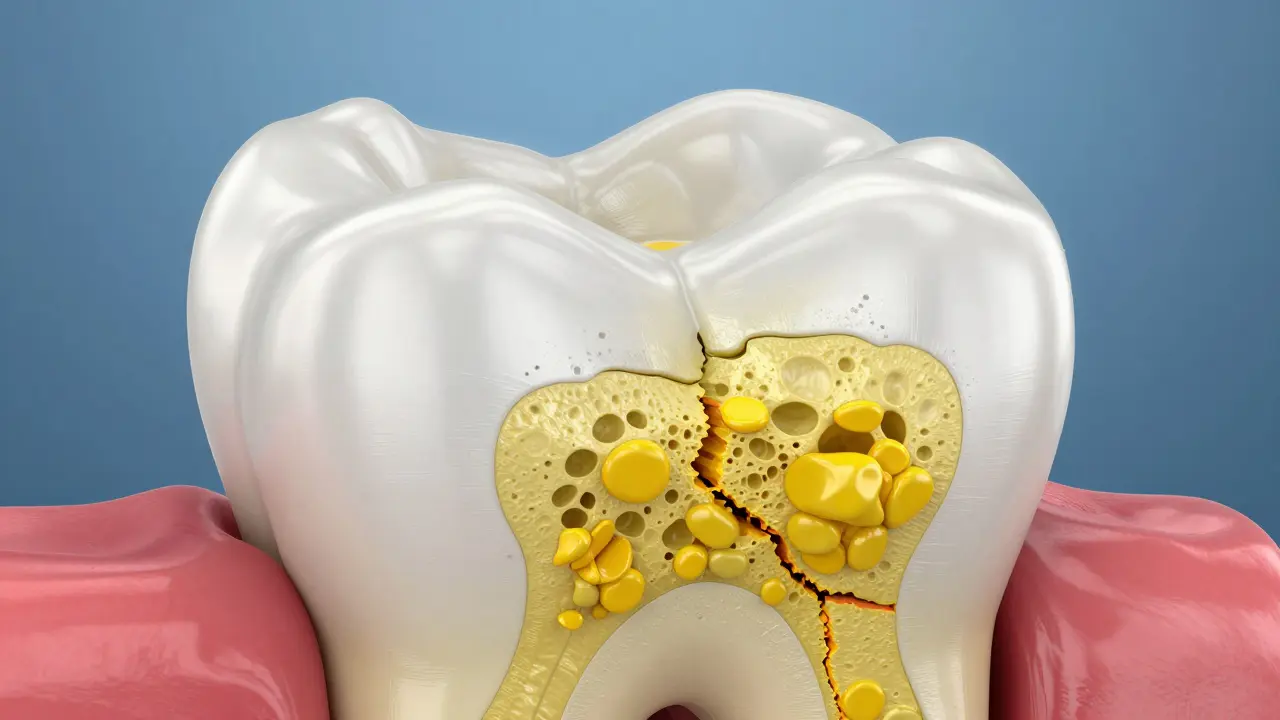 Konceptuální schéma zubační skloviny s žlutými pigmenty kurkumy.