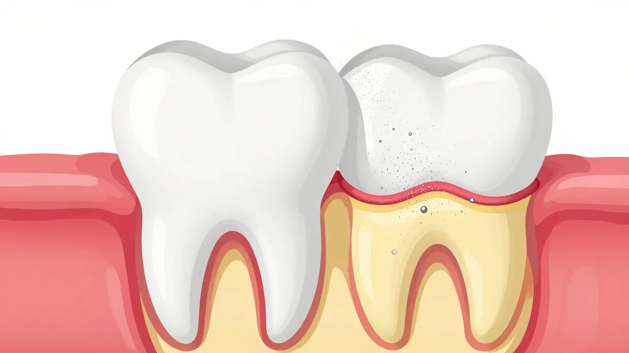 Konceptuální schéma zubu znázorňující obrus skloviny a odhalený žlutý dentin.
