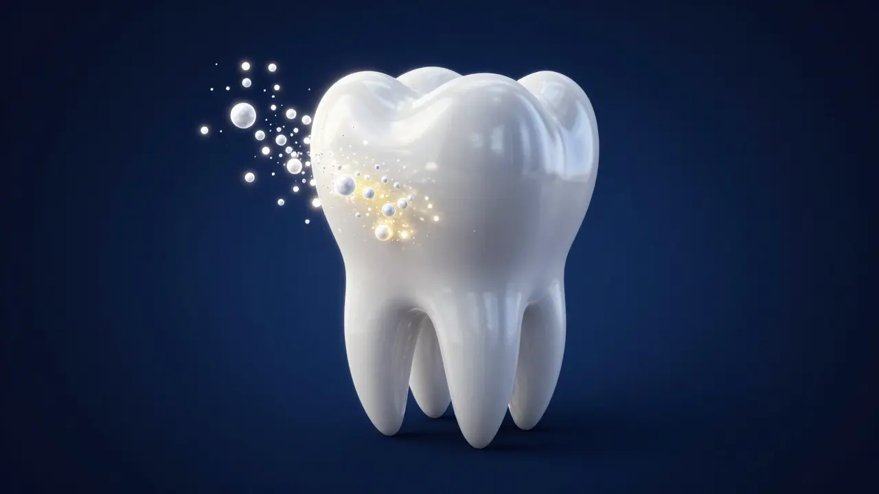 Konceptuální znázornění procesu chemického bělení zubu.