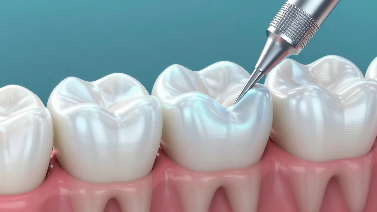 Konceptuální znázornění vrstvy zubního skloviny při procesu broušení.