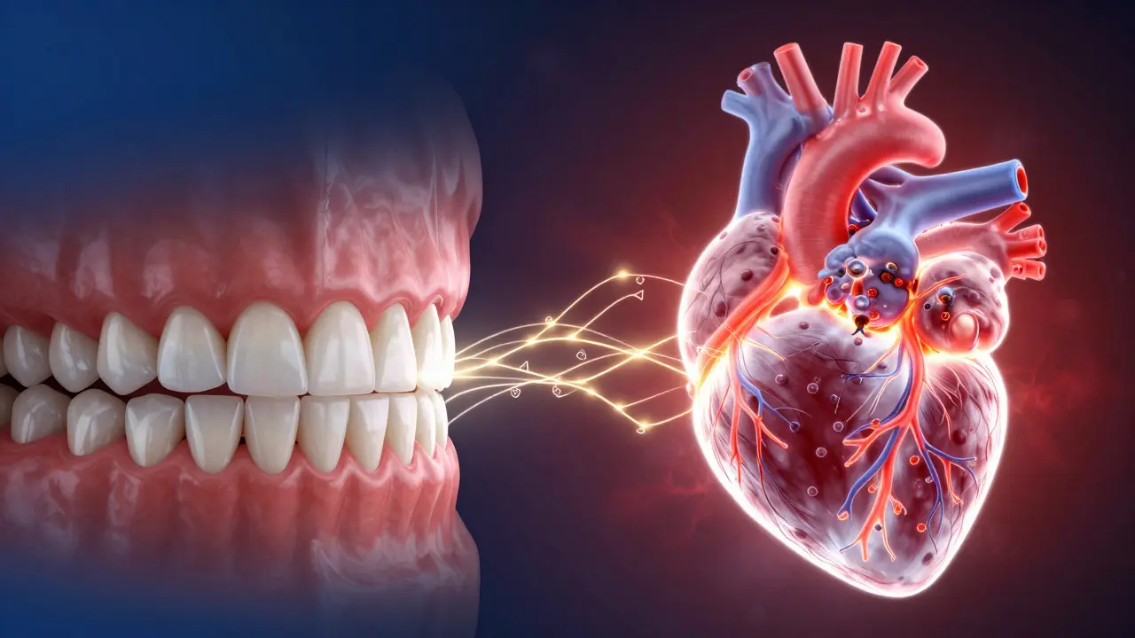 Konceptuální zobrazování spojení mezi zdravím dásní a zdravím srdce.