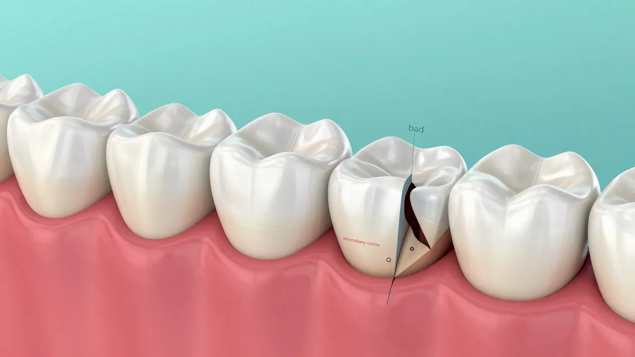 Kresba v řezu znázornující správné přisazení keramické korunky k dásni.