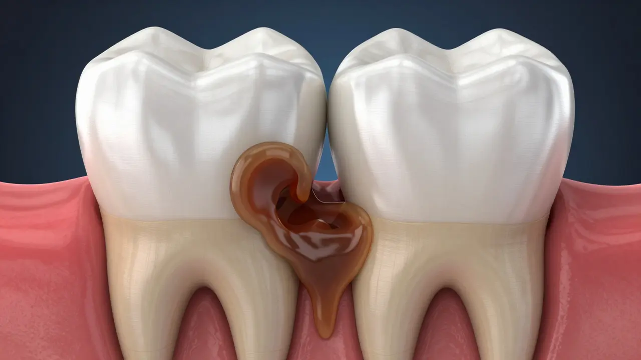 Křízový řez zubu s neviditelným kazem mezi dvěma zuby.