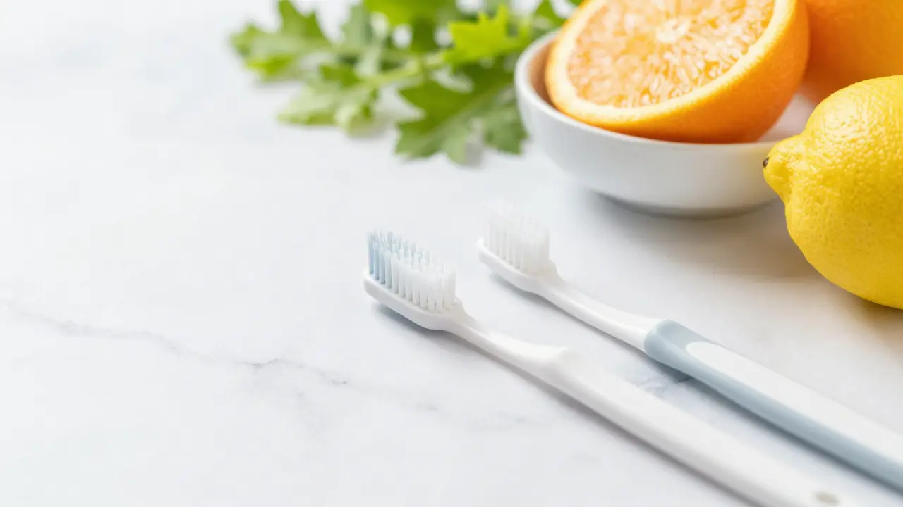 Měkký kartáček, mezizubní kartáček a zdravá výživa pro podporu dásní.