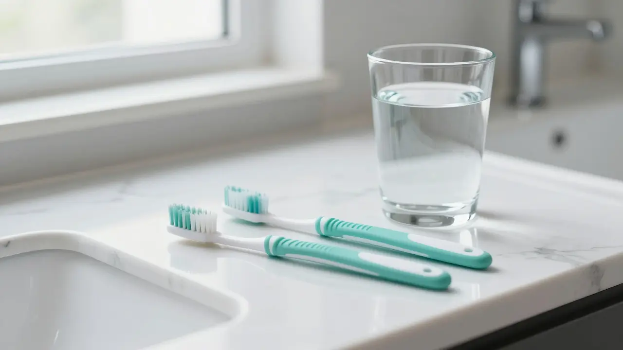 Měkký zubní kartáček a mezizubní kartáčky pro jemnou péči o dásně.