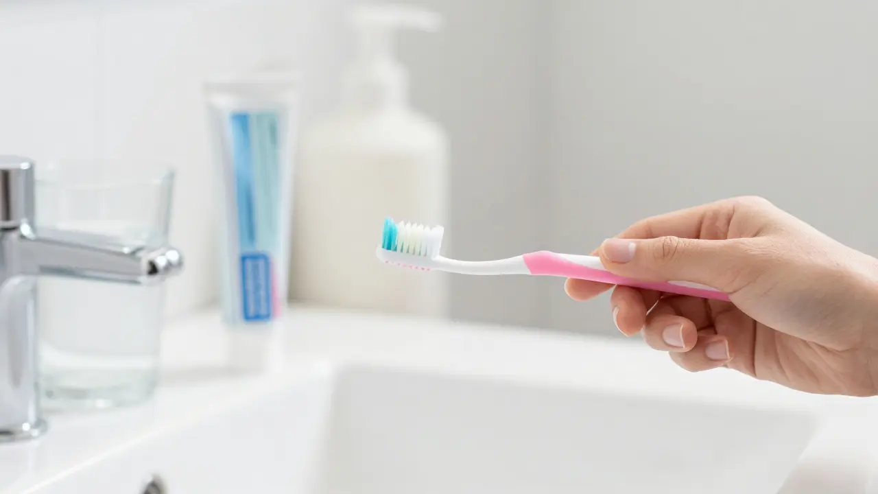 Mezizubní kartáček a péče o zuby v moderní koupelně.