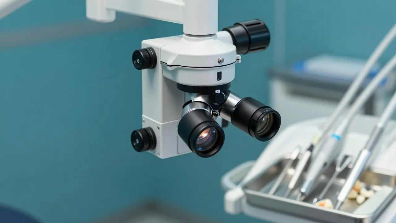 Moderní zubní mikroskop používaný k preciznímu endodontickému ošetření.