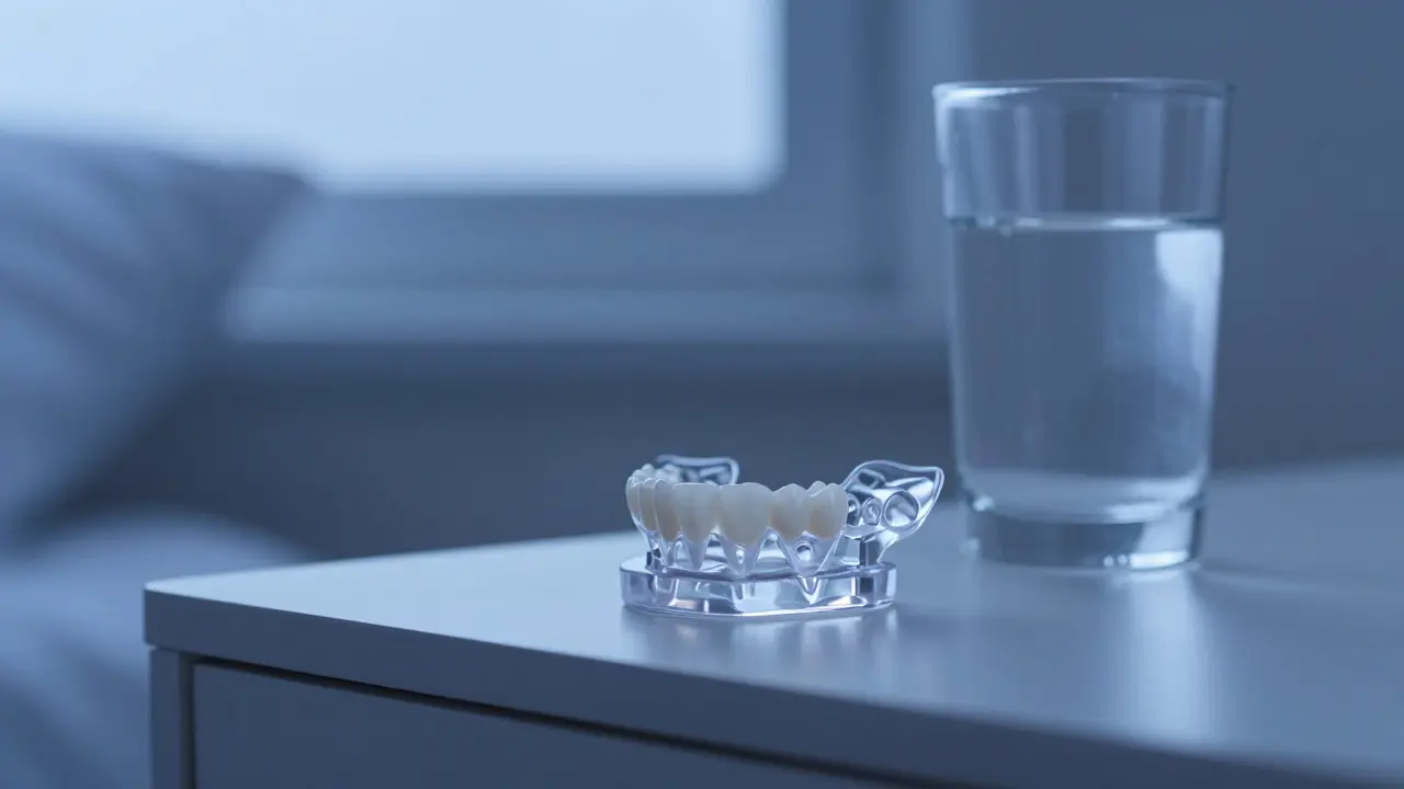 Protektivní noční dlaha z průhledného materiálu položená na nočním stolku.