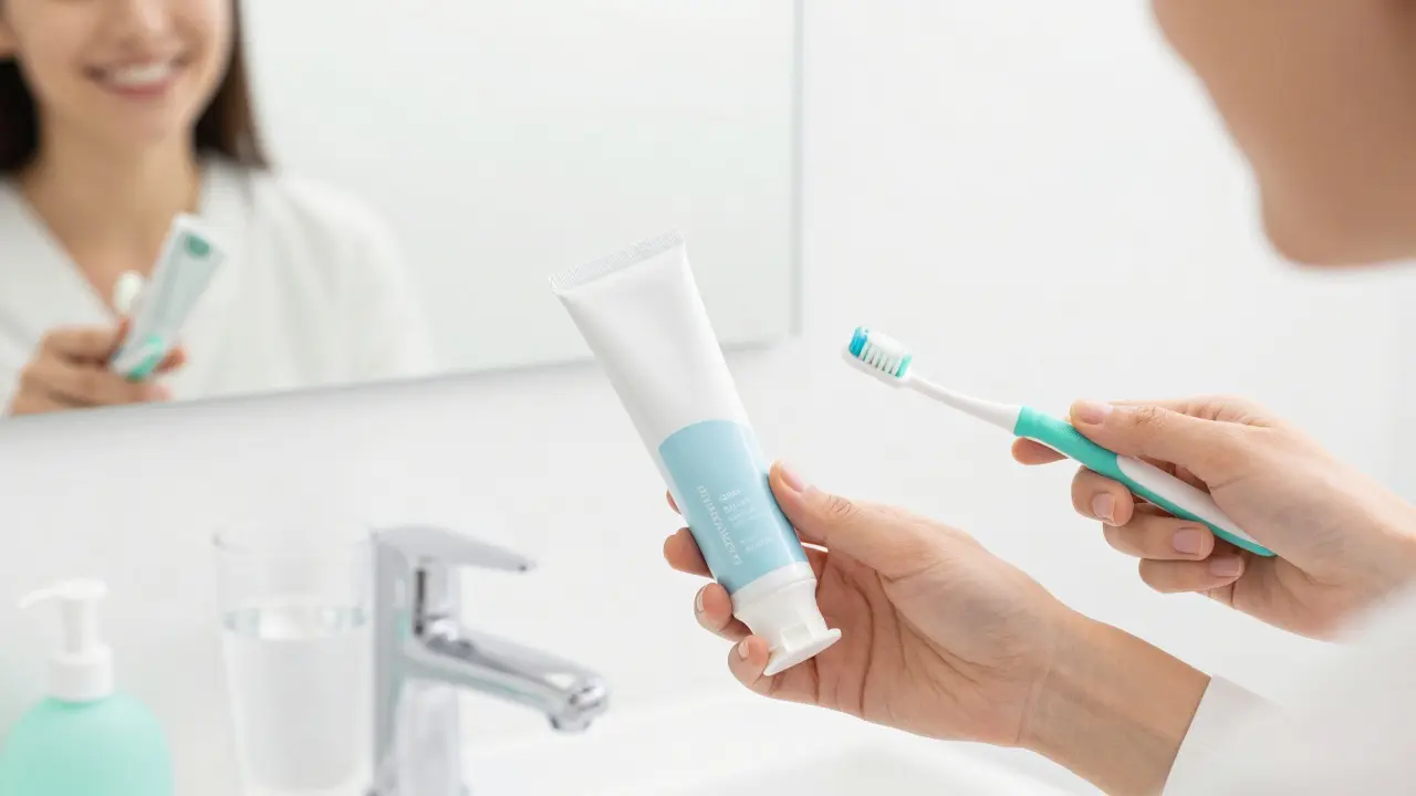 Ruka držící bělící zubní pastu a sonický kartáček v moderní koupelně.