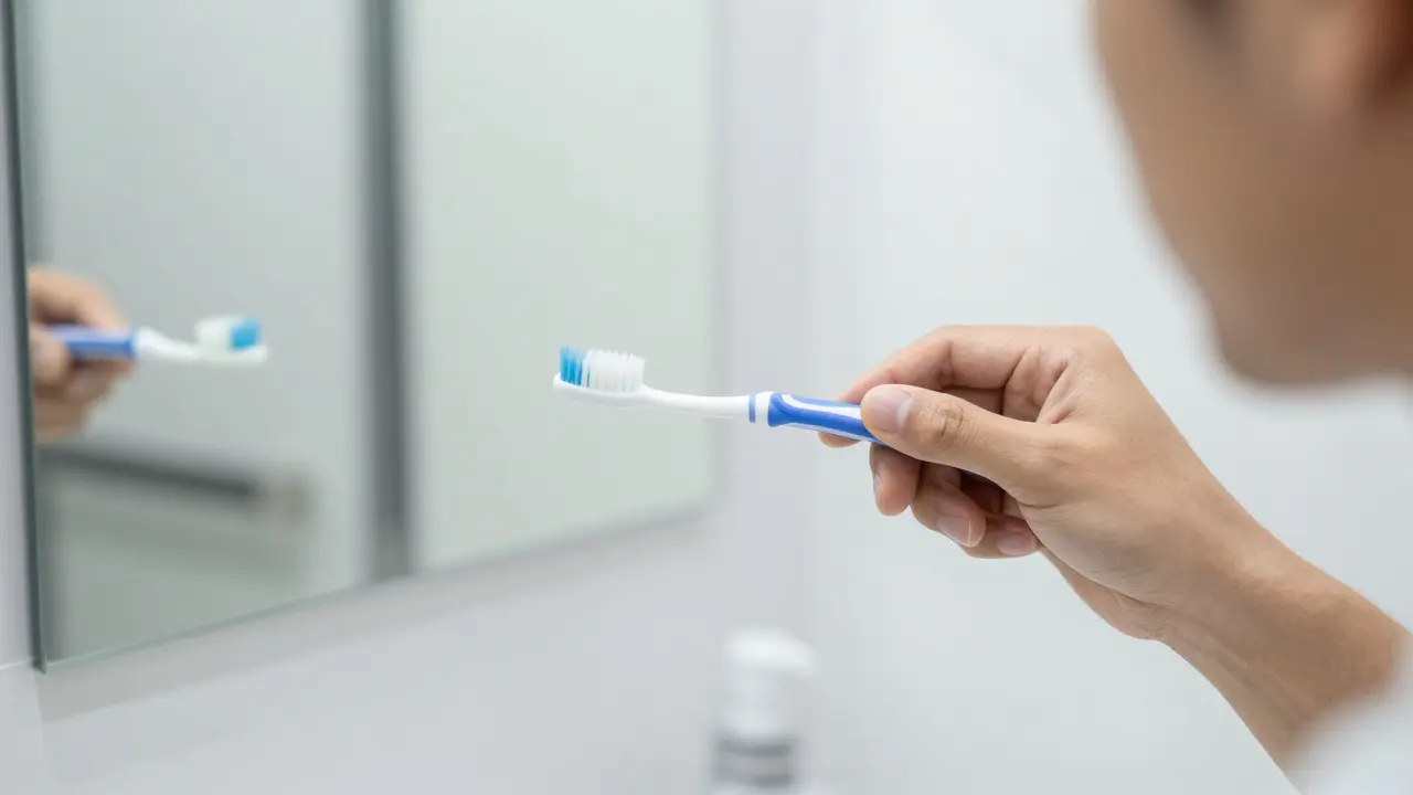 Ruka osoby používající jednosvazkový kartáček u zrcadla v moderním prostředí.