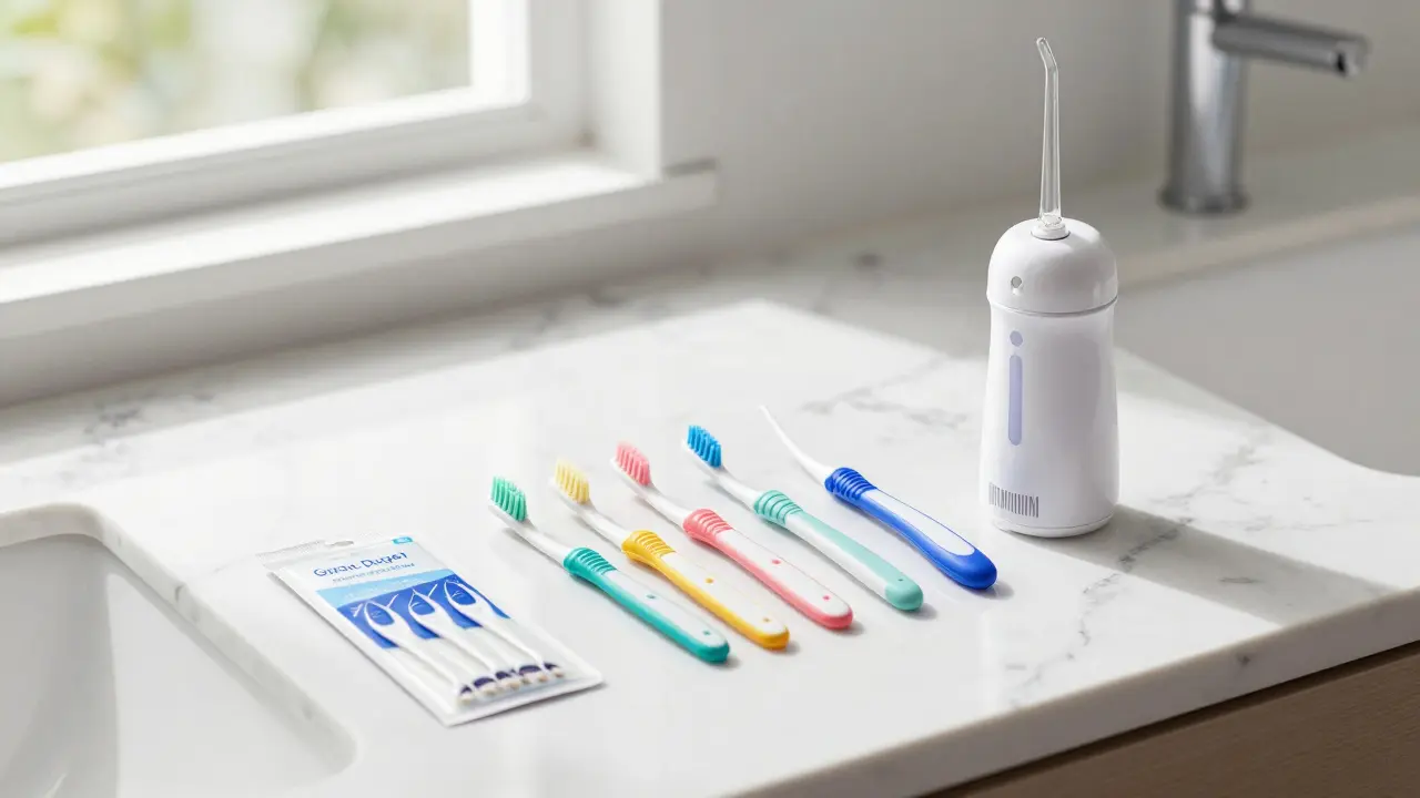 Sada pomůcek pro mezizubní hygienu na bílém mramoru.