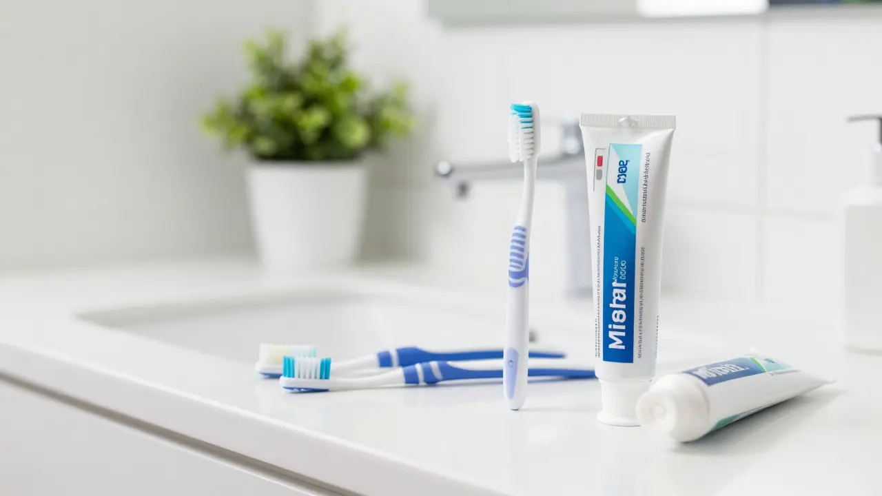 Sada pro mezizubní čištění a zubní pasta na čistém koupelnovém stole.