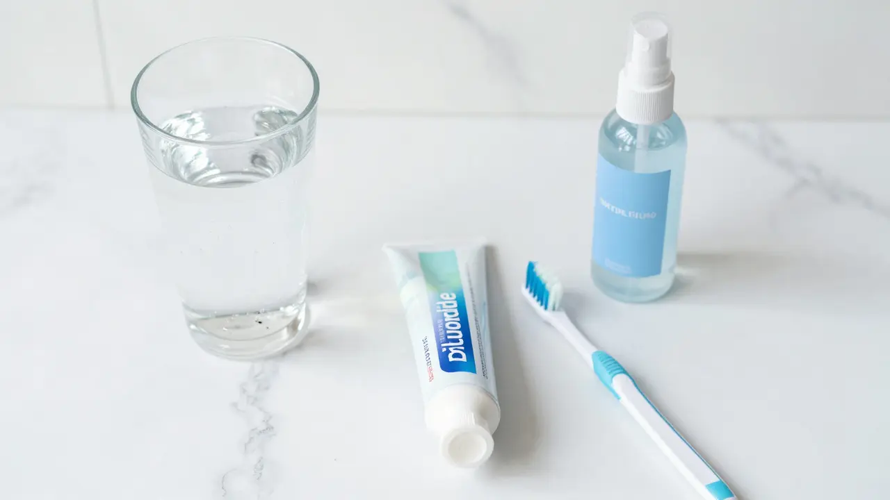 Sada pro péči o zuby včetně vody, fluoridové pasty a mezizubních kartáčků.