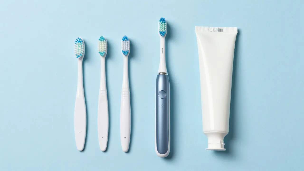 Sonický kartáček, mezizubní kartáčky a zubní pasta na modrém pozadí.
