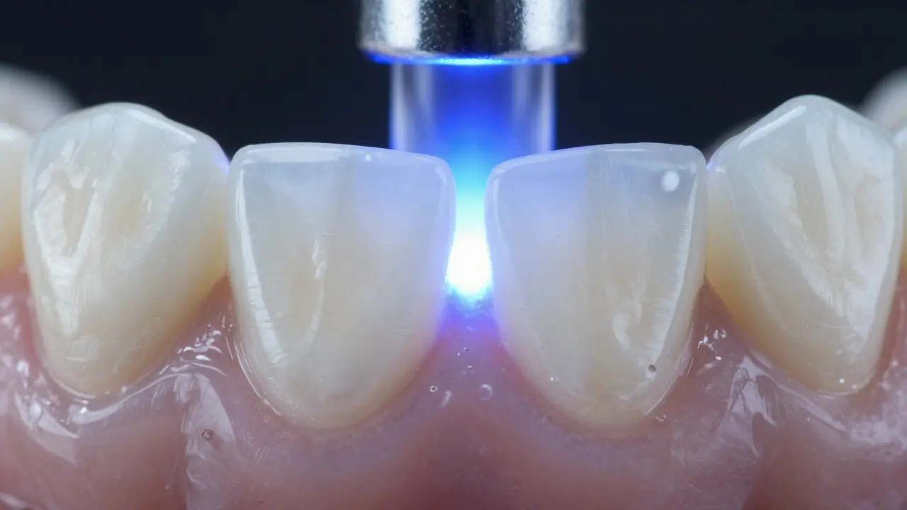 Srovnání povrchu keramické a kompozitní fasety s modrým světlem