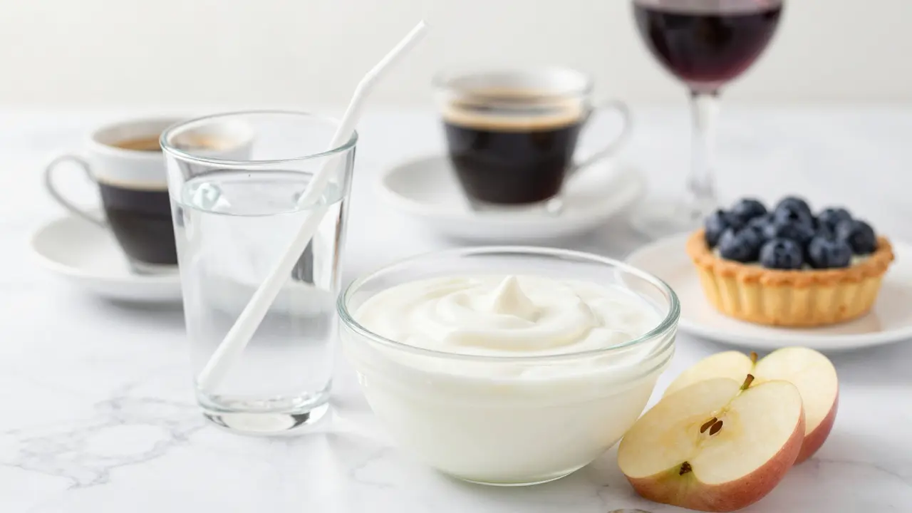 Svívce bílých potravin na stole vedle stranou odsunuté kávy a vína.