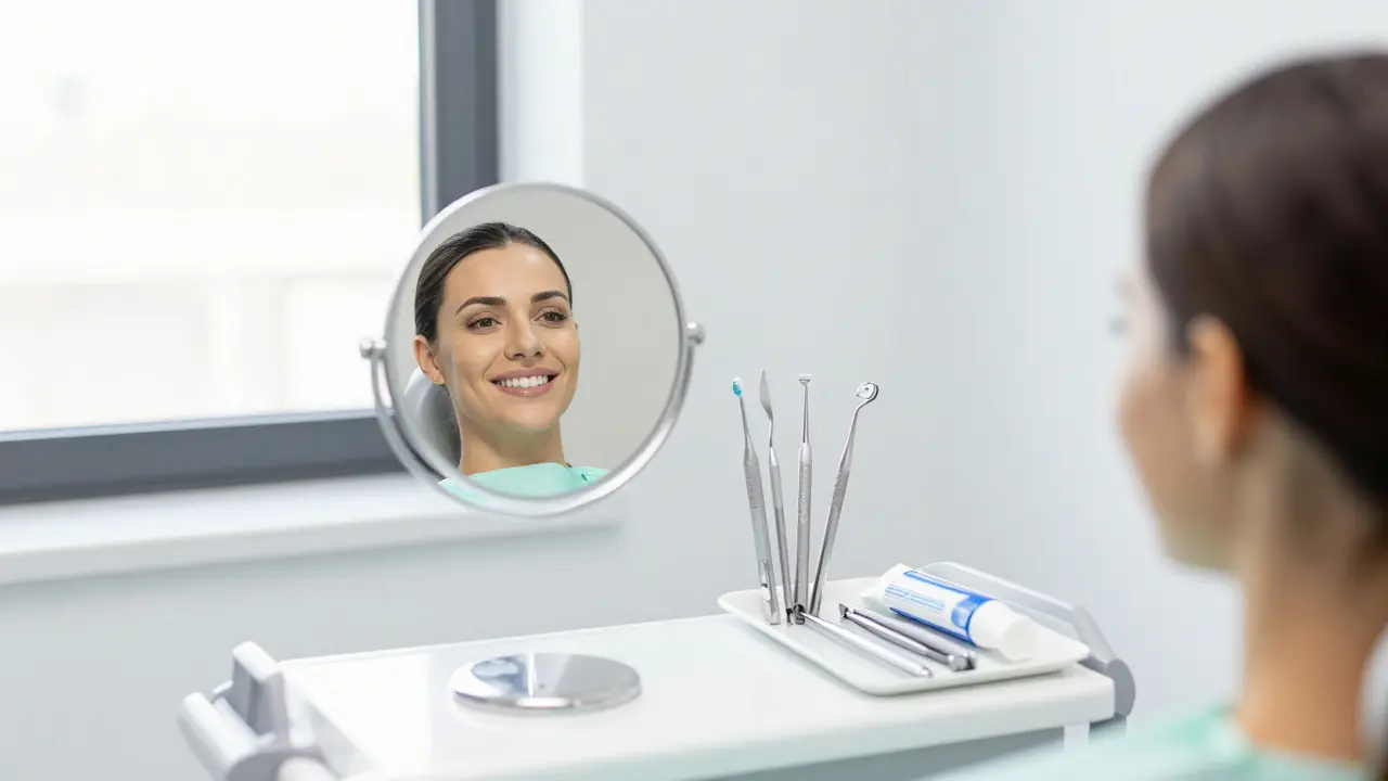 Zářivý a symetrický úsměv v zrcadle moderní zubní ordinace.