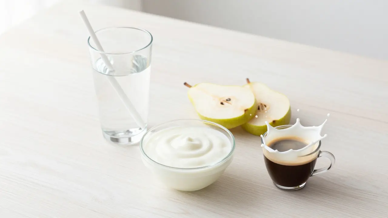 Zdravá bílá strava s kávou s mlékem a brčítkem na stole.