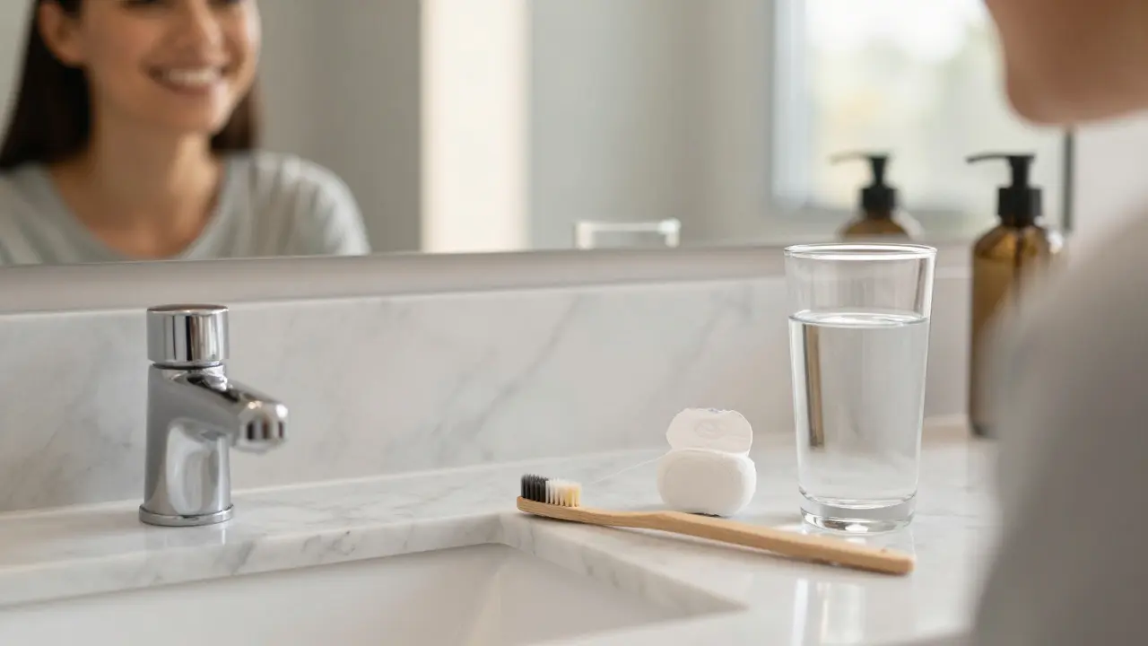 Zubní kartáček a nit na mramorovém stole jako symbol péče o zuby