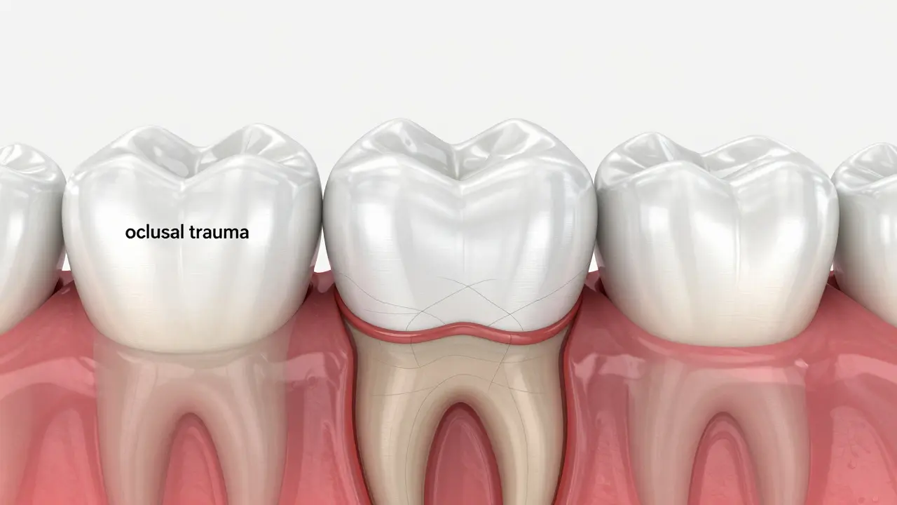 3D model zubu s korunou ukazující stres na kořeni