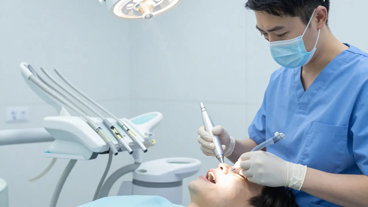 Dentální hygienista čistí zuby ultrazvukovým přístrojem v ordinaci