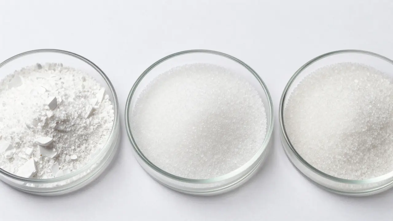Makro fotografie srovnávající hrubý bikarbonát, hladký glycin a jemný erythritol v laboratorních sklenicích.