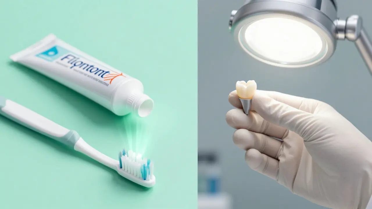 Pasta s fluoridem a keramická korunka pro léčbu zubů