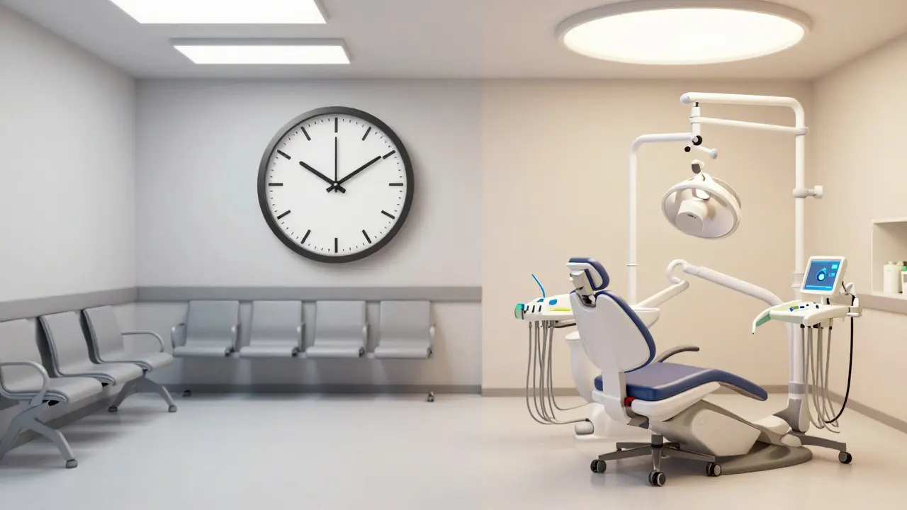 Srovnání čekárny státní kliniky s moderní soukromou ordinací.