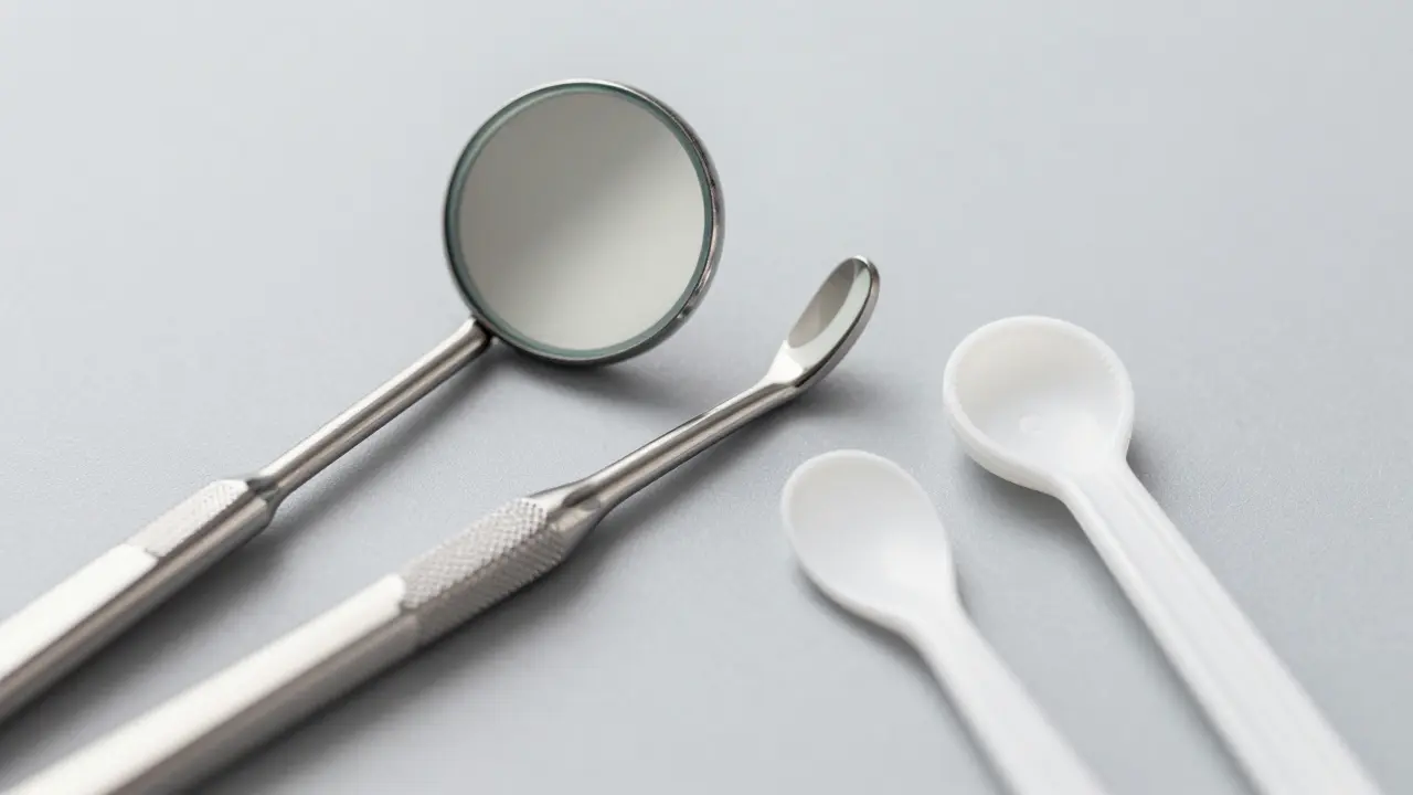 Srovnání materiálů dentálních zrcátek: ocel, hliník a plast.